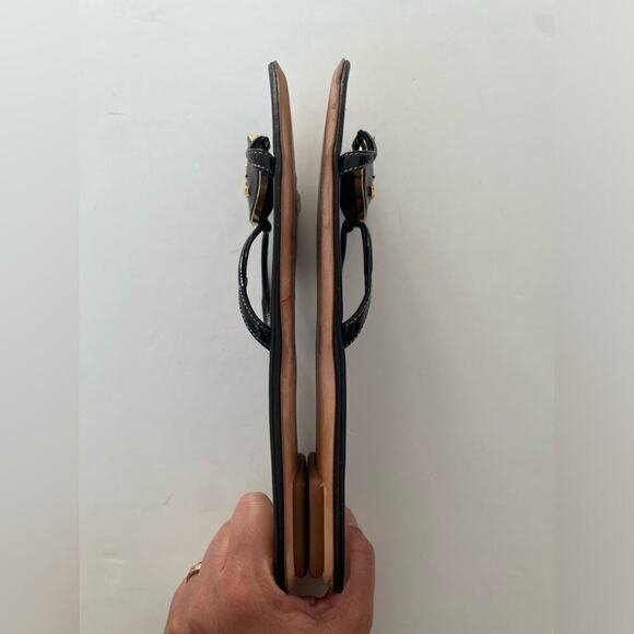 Prada Heeled Sandals Gold Logo Black Leather T Strap Flip Flop Slides EU 41 - Picture 7 of 10